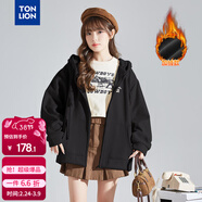 唐獅（TonLion）2025針織外套女休閑衛衣開(kāi)衫連帽上衣 加絨款/黑色 XL