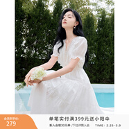 香影氣質(zhì)絕美連衣裙女2025夏季新款蕾絲花邊v領(lǐng)荷葉邊收腰仙女裙 白色 XL