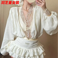 顧夕岑法式純欲超仙絕美蕾絲拼接長(cháng)袖襯衫女春季高腰綁帶半身短裙兩件套 白色上衣+白色短裙 S