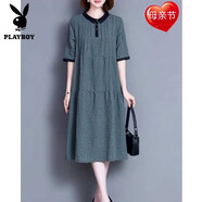 花花公子（PLAYBOY）媽媽夏裝時(shí)尚千鳥(niǎo)格短袖連衣裙寬松棉麻娃娃領(lǐng)襯衫裙 綠色 2XL 【建議140-165斤】