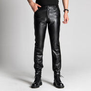 俏博萊海寧綿羊皮真皮褲男士秋冬修身小腳休閑時(shí)尚防風(fēng)保暖整皮單款褲子 黑色 M