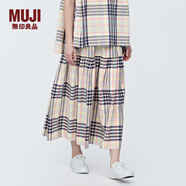 MUJI女式馬德拉斯格紋寬擺裙長(cháng)半身裙夏款裙子半裙純棉格子裙女裝 象牙色格紋 M (160/66A)