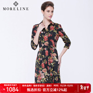 沐蘭MORELINE修身印花連衣裙長(cháng)袖中長(cháng)款熟女及膝名媛熟女連衣裙5621103 圖片色 XL 42