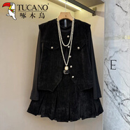 啄木鳥(niǎo)加肥圓領(lǐng)馬甲半高領(lǐng)長(cháng)袖打底衫腰帶百褶短裙大碼女裝復古風(fēng)三件套 黑色 三件套 3XL 建議120-150斤