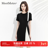 MeetMetro瑪依爾不規則撞色連衣裙女2025夏裝設計感蝴蝶結百褶裙氣質(zhì)a字裙 黑色 L
