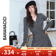 banana cici2024年冬季新款學(xué)院風(fēng)A字雙排扣收腰V領(lǐng)長(cháng)袖連衣裙C234LY322 灰色 M