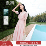 香影氣質(zhì)絕美連衣裙女2025夏季新款蕾絲花邊v領(lǐng)荷葉邊收腰仙女裙 粉紅 S