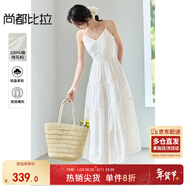 尚都比拉度假風(fēng)白色V領(lǐng)連衣裙女夏季高級感收腰顯瘦吊帶裙浪漫中長(cháng)繡花裙