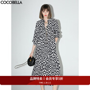 COCOBELLA棋盤(pán)格高腰連衣裙女通勤OL海邊度假垂感襯衫裙FR518 黑白 S