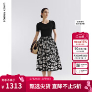 朗姿雙色針織拼接撞色印花連衣裙2025年夏季新款a字高腰碎花裙 夜幕黑色 M
