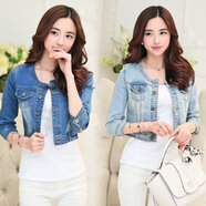 Fickan新款春裝 彈力圓領(lǐng)七分袖牛仔小外套女短款上衣披肩外搭 深色 S 約75-90斤左右