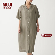 MUJI MUJI 女式 法國亞麻水洗 五分袖開(kāi)襟連衣裙 BCL08C0S