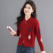 百麗佳嘉（BAILIJIAJIA）2026春秋短款菱形格針織開(kāi)衫女小個(gè)子顯瘦百搭 紅色 S 【建議 85-100斤】