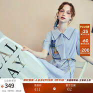 兩三事梵高文藝 美學(xué)漣漪 2025夏季新款印花貼布繡綁帶翻領(lǐng)連衣裙 藍色 S