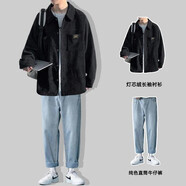趣米樂(lè)衣服男春秋季外套潮流休閑套裝高街寬松開(kāi)衫上衣服復(fù)古上衣服飾男 黑色上衣+淺藍(lán)牛仔褲 2XL 【建議140-160斤】