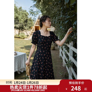 獨束大碼女裝抽繩設計碎花連衣裙女夏季新款胖mm法式茶歇裙 黑底紅花  XL