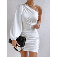 歐美不規則裙褶皺牛奶絲連衣裙包臀裙斜肩款 白色 XS