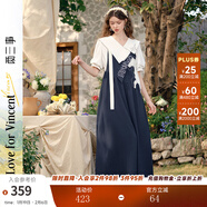 兩三事闊腿背帶褲女梵高文藝2025夏季新款寬松慵懶休閑褲馭馬漫游 深藍色 S