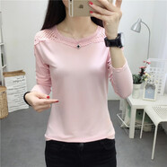 春秋薄款蕾絲長(cháng)袖t恤女休閑顯瘦體恤修身加絨打底衫女士上衣8114 8114粉色【薄款】 L 參考100-115斤