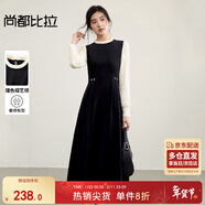 尚都比拉燈芯絨假兩件連衣裙女秋季長(cháng)袖立領(lǐng)收褶系帶A字裙蕾絲袖中長(cháng)裙