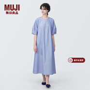MUJI女式 涼感 平紋套頭短袖連衣裙 女裝裙子長(cháng)裙純棉寬松夏季 藍色條紋 M (160/84A)