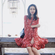 2024春秋海邊渡假衣裙喇叭長(cháng)袖荷葉邊民族風(fēng)紅色碎雪紡沙灘裙 紅色 S S