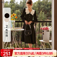 Olrain歐芮兒V領(lǐng)雪紡連衣裙女秋秋收腰顯瘦氣質(zhì)復古蕾絲拼接長(cháng)裙子 黑色 XL 170/92A