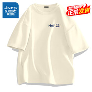 真維斯（Jeanswest）歐美潮牌短袖t恤男夏季純棉衣服大碼森系學(xué)生oversize時(shí)尚文化衫 淺米（哈嘍微笑胸標） 4XL (體重205-230斤)