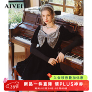 卓雅周末（JORYA weekend）2024年春季甜美公主亮片蝴蝶結方領(lǐng)晚宴絲絨針織連衣裙女R0160186 黑色 L