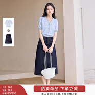 香影v領(lǐng)薄款針織衫女短袖2025夏裝新款藍色正肩t恤提花蝴蝶結上衣 套裝3 藍色短袖+半身裙套裝 S 155/80A/85-95斤