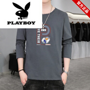 花花公子（PLAYBOY）春夏季薄款長(cháng)袖t恤男士潮流帥氣體恤2025新款寬松圓領(lǐng)休閑男裝潮 深灰69長(cháng)袖 M 【建議90-105斤】