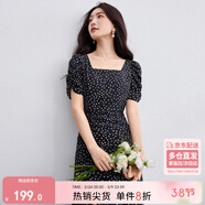 尚都比拉法式連衣裙女夏季方領(lǐng)堆堆袖復古波點(diǎn)抽褶開(kāi)叉A字裙