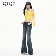 QTQP明星同款美式修身牛仔褲女超低腰洗水藍復古拖地辣妹彈力微喇褲子 深藍色 長(cháng)褲 XS