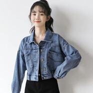 巧除寬松牛仔短外套女新款春秋韓版BF休閑夾克網(wǎng)紅學(xué)生高腰小外套 藍色 L