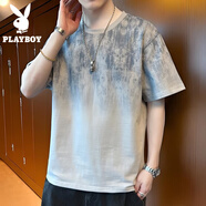 花花公子（PLAYBOY）漸變色純棉短袖t恤男士夏季薄款冰絲透氣吸汗潮流牌大碼寬松半袖T 淺灰 3XL [155-175斤]