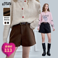 妖精的口袋復古高腰毛呢直筒短褲女2024冬季新款a字百搭闊腿靴褲 復古咖色 M