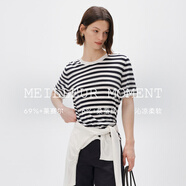 麥檬MM呼吸感空氣衫/輕量垂墜/活力條紋短袖針織衫夏裝5G4931591 深藏青 M