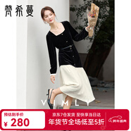 梵希蔓色法式絲絨拼接連衣裙女秋季新款方領(lǐng)撞色直筒長(cháng)裙 黑杏色 L
