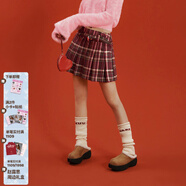 CHUU新年紅格子百褶半身裙女2025春季新品學(xué)院風(fēng)字母刺繡a字短裙 紅格 L