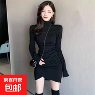 2026新款時(shí)尚半高領(lǐng)褶皺包臀修身顯瘦長(cháng)袖打底裙女冬季百搭連衣裙 黑色 3XL 建議130-140斤