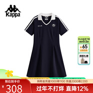 卡帕背靠背夏季運動(dòng)連衣裙女新款休閑純棉短袖收腰網(wǎng)球裙子 暗夜藍黑-906 S