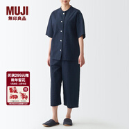 MUJI女式 無(wú)側縫泡泡紗短袖睡衣女士家居服套裝夏季純棉全棉 FDB04C2S 深藏青色 S