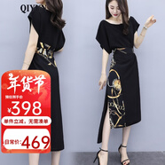 QIYUN 連衣裙新款夏裝黑色雪紡過(guò)膝開(kāi)叉中長(cháng)款復古印花小黑裙 黑色 M 【建議100-109斤】