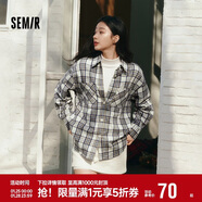 森馬（Semir）長(cháng)袖襯衫女春季中長(cháng)款oversize翻領(lǐng)落肩格紋女生襯衣101125105007