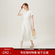 范思藍恩夏季圓領(lǐng)抽繩褶皺設計感連衣裙女2024夏裝新款白色高腰A字裙女 奶白色 S