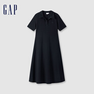 Gap女裝翻領刺繡logo短袖針織連衣裙簡約長裙680487 黑色 155/76A(XS) 亞洲尺碼