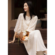 德瑪納【細膩剪花】春秋季時(shí)髦都市假兩件泡泡袖寬松A字氣質(zhì)女式連衣裙