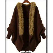 2025春秋冬時(shí)尚新款歐美蝙蝠衫寬松大碼毛衣針織衫系帶開(kāi)衫毛領(lǐng)女 卡棕 均碼