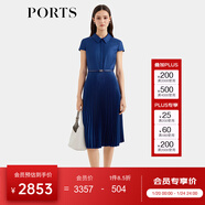 PORTS寶姿女裝春夏新款通勤襯衫領(lǐng)拼接百褶收腰短袖中長(cháng)連衣裙 丈青-1 M (6)