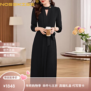 NOSSKISS奢侈高檔品牌連衣裙女2026春季新款V領(lǐng)氣質(zhì)修身顯瘦純色系帶長(cháng)裙 黑色 XL 建議115-125斤
